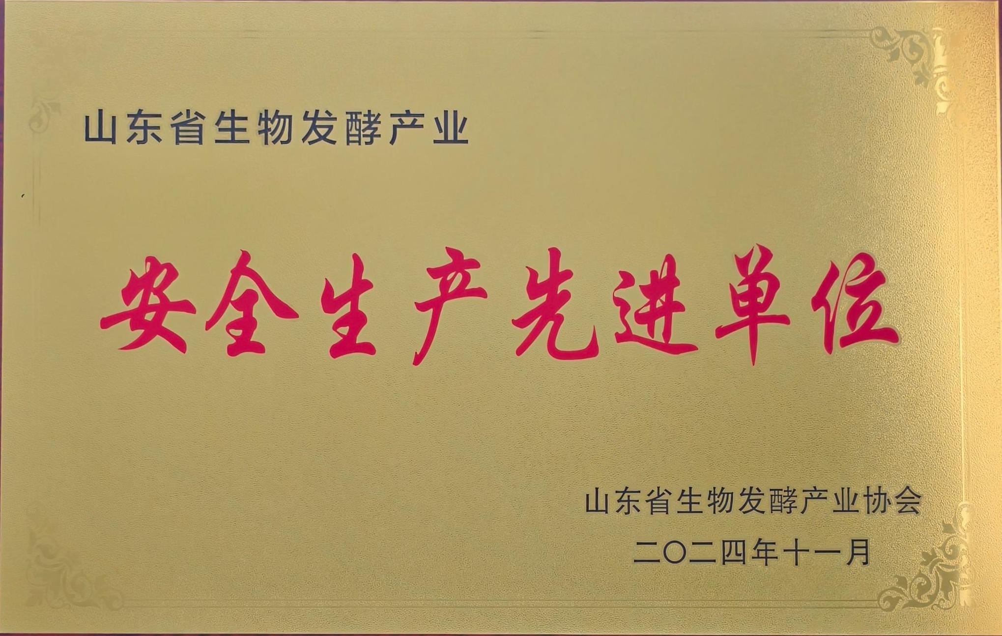山东省生物发酵产业安全生产先进单位